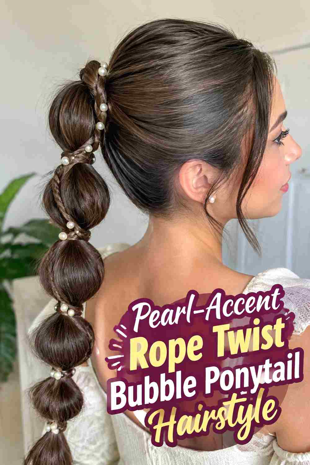 9. Pearl Accent Rope Twist Bubble Ponytail Hairstyle