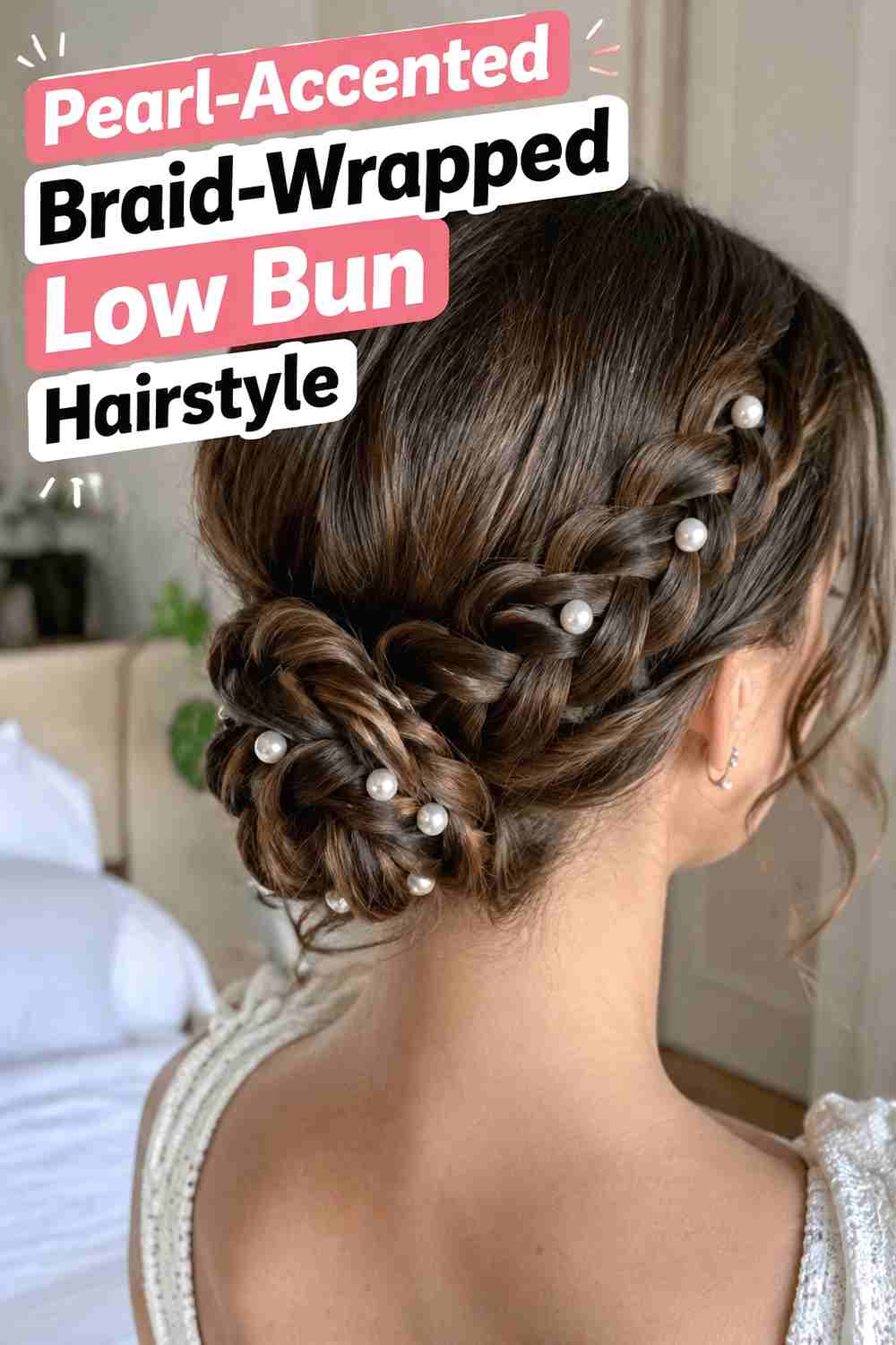 12. Pearl Accented Braid Wrapped Low Bun Hairstyle