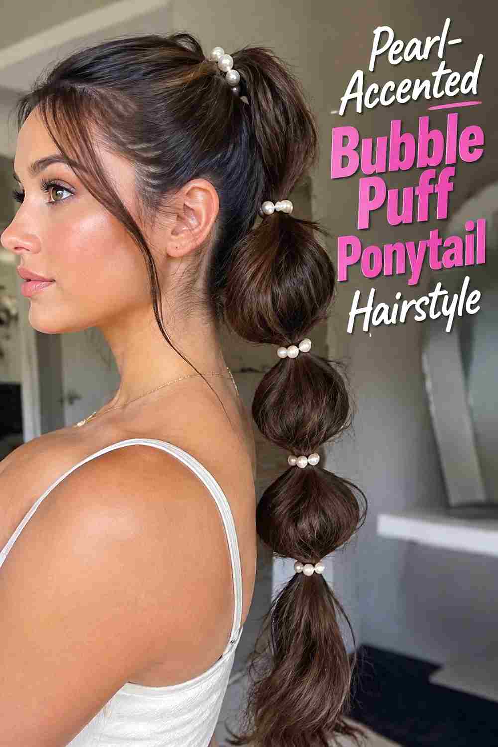 12. Pearl Accented Bubble Puff Ponytail Hairstyle