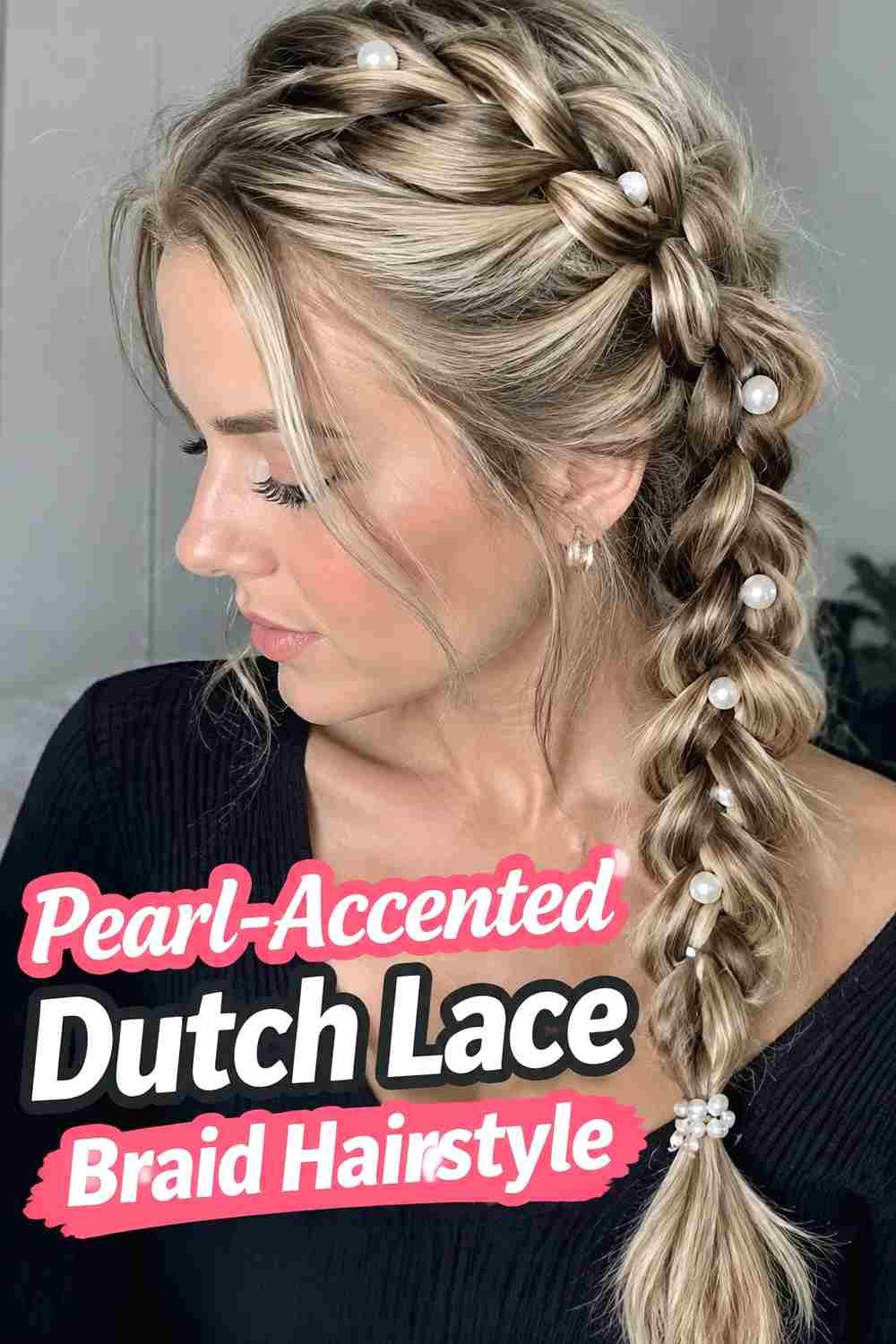 14. Pearl Accented Dutch Lace Braid Hairstyle