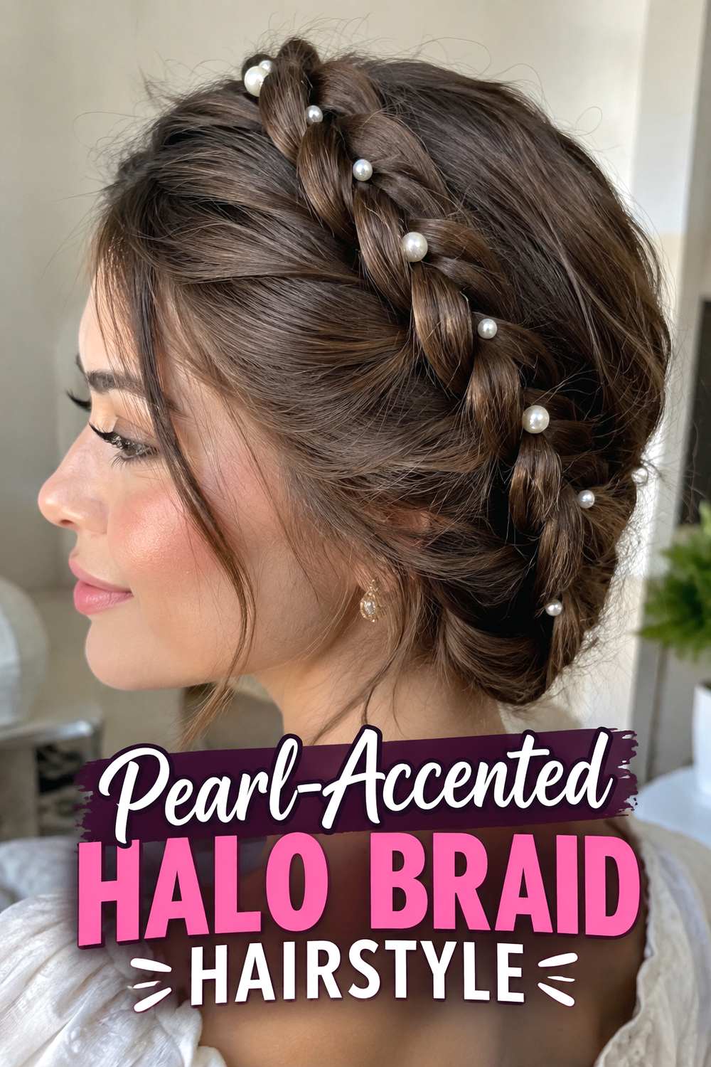 Pearl-Accented Halo Braid Hairstyle