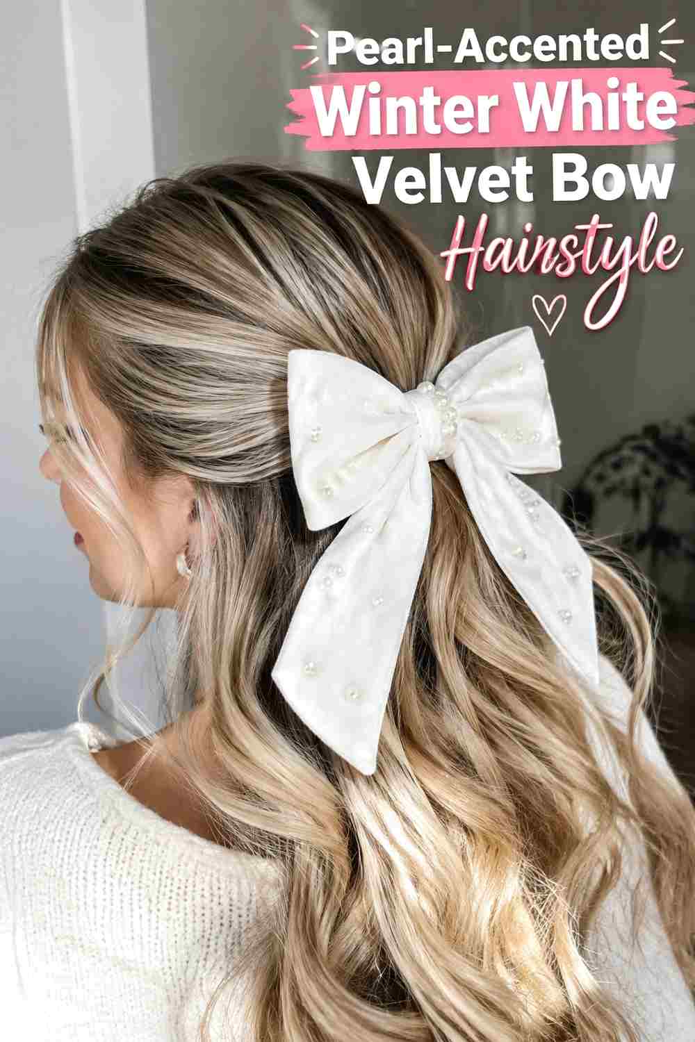 17. Pearl Accented Winter White Velvet Bow Hairstyle
