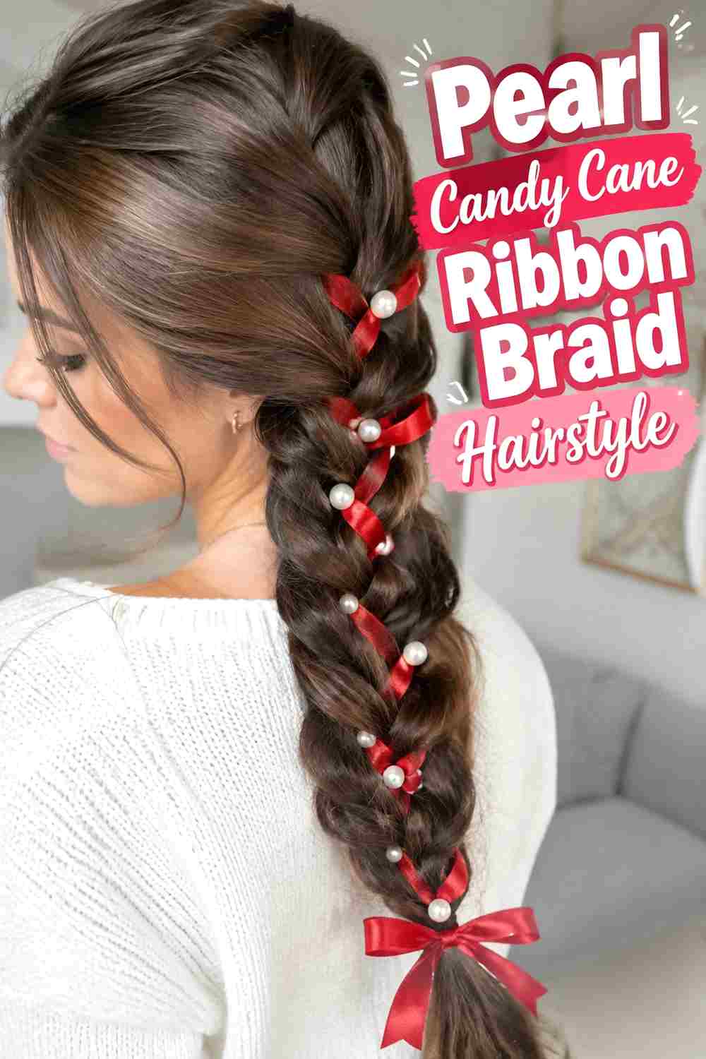 13. Pearl Candy Cane Ribbon Braid Hairstyle