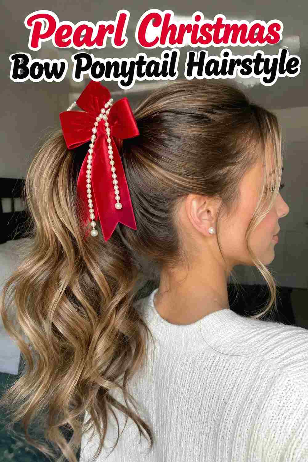 10. Pearl Christmas Bow Ponytail Hairstyle
