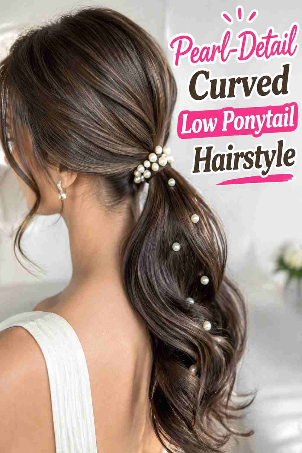 16. Pearl Detail Curved Low Ponytail Hairstyle
