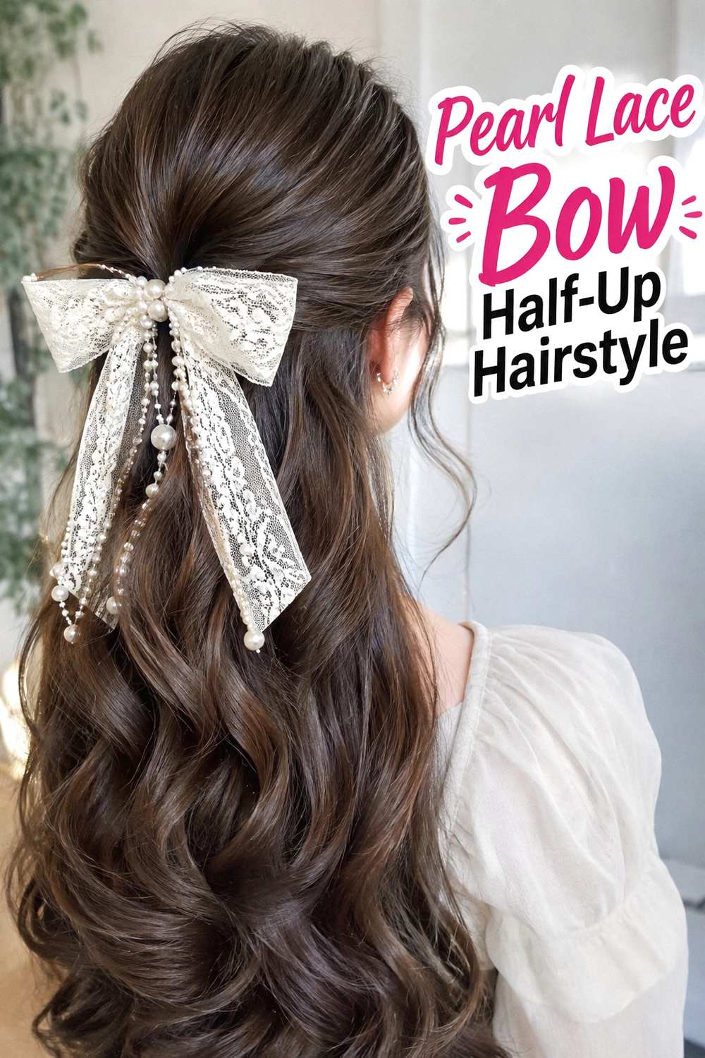 3. Pearl Lace Bow Half Up Hairstyle