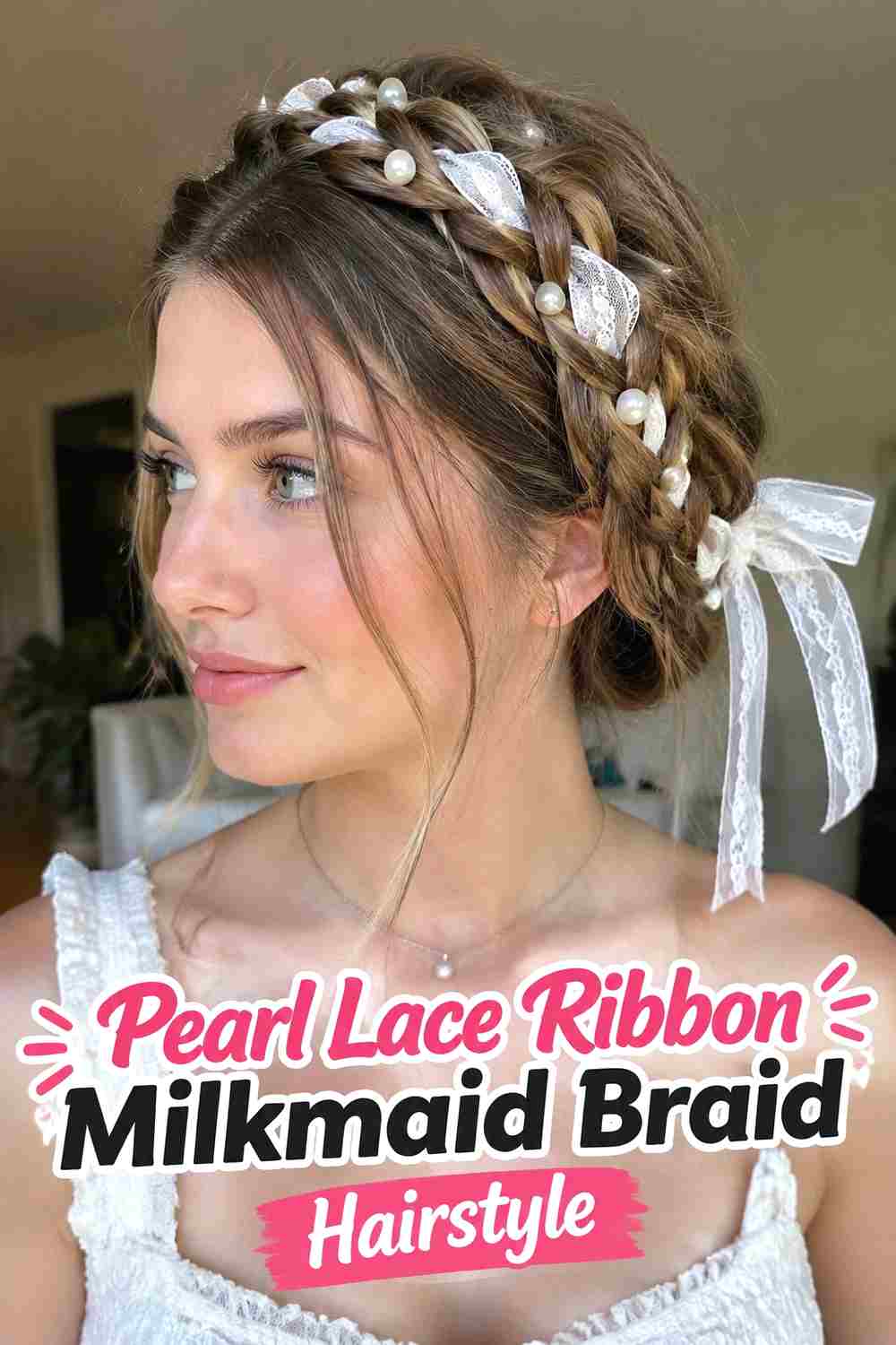 9. Pearl Lace Ribbon Milkmaid Braid Hairstyle