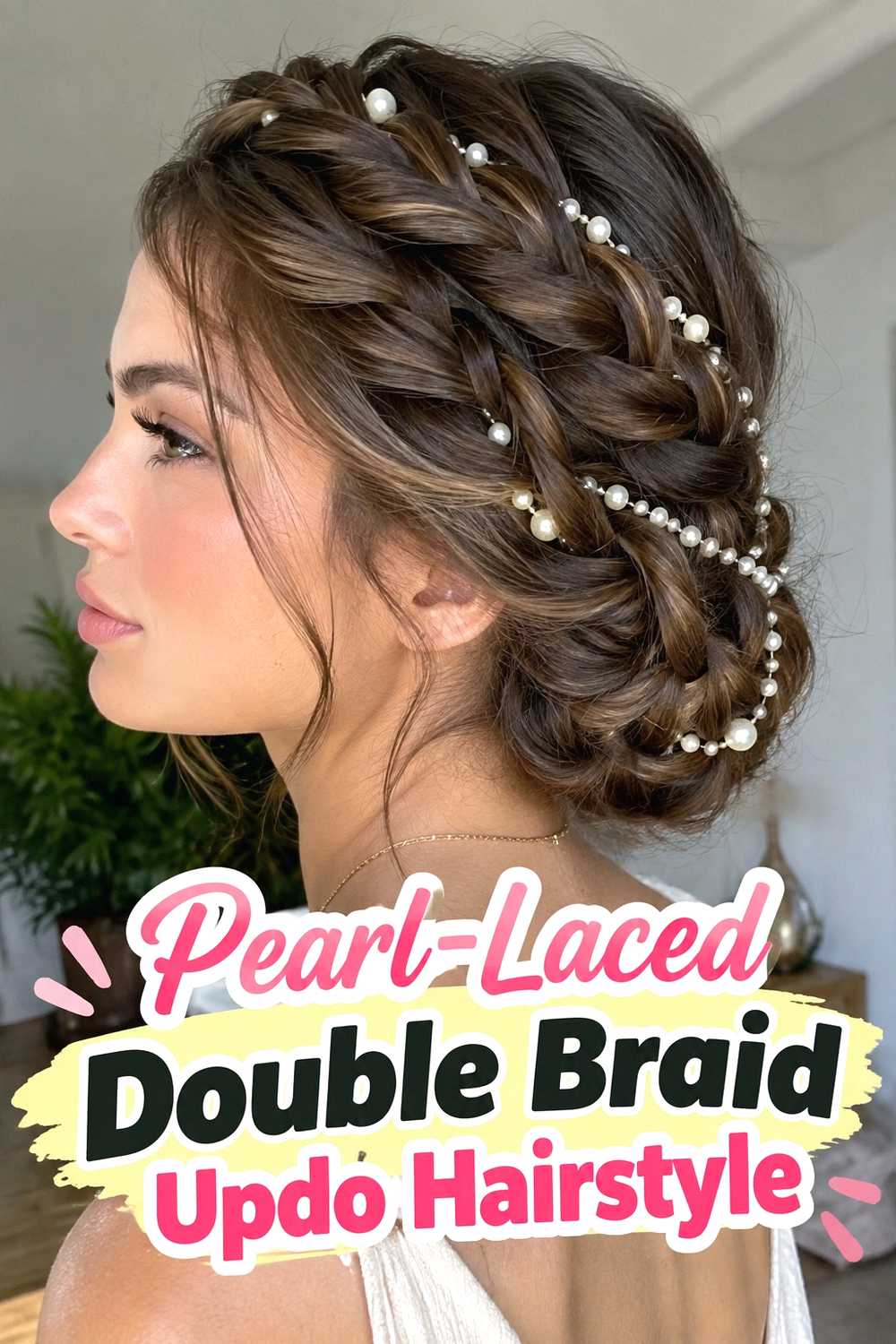 2. Pearl Laced Double Braid Updo Hairstyle