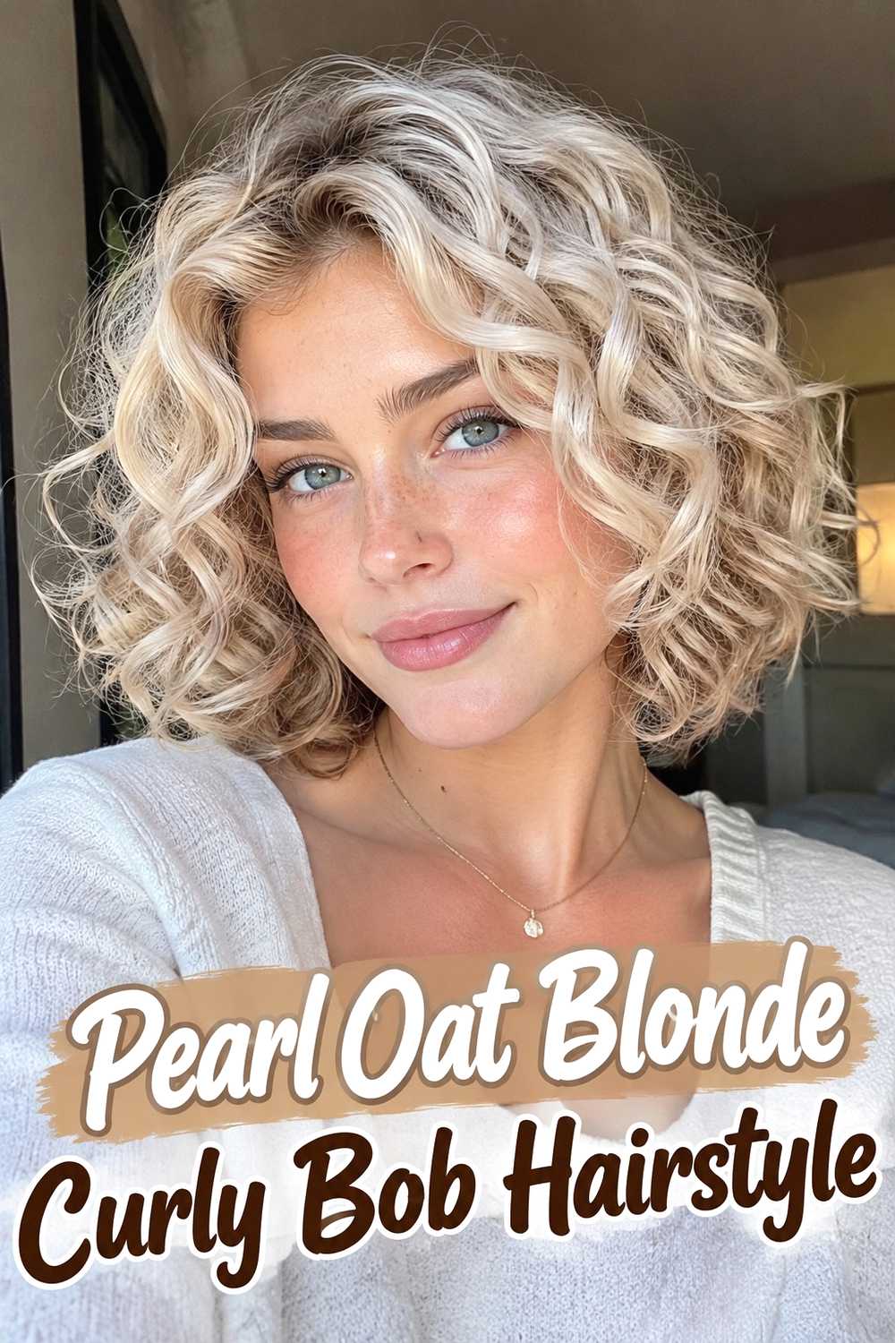 18. Pearl Oat Blonde Curly Bob Hairstyle