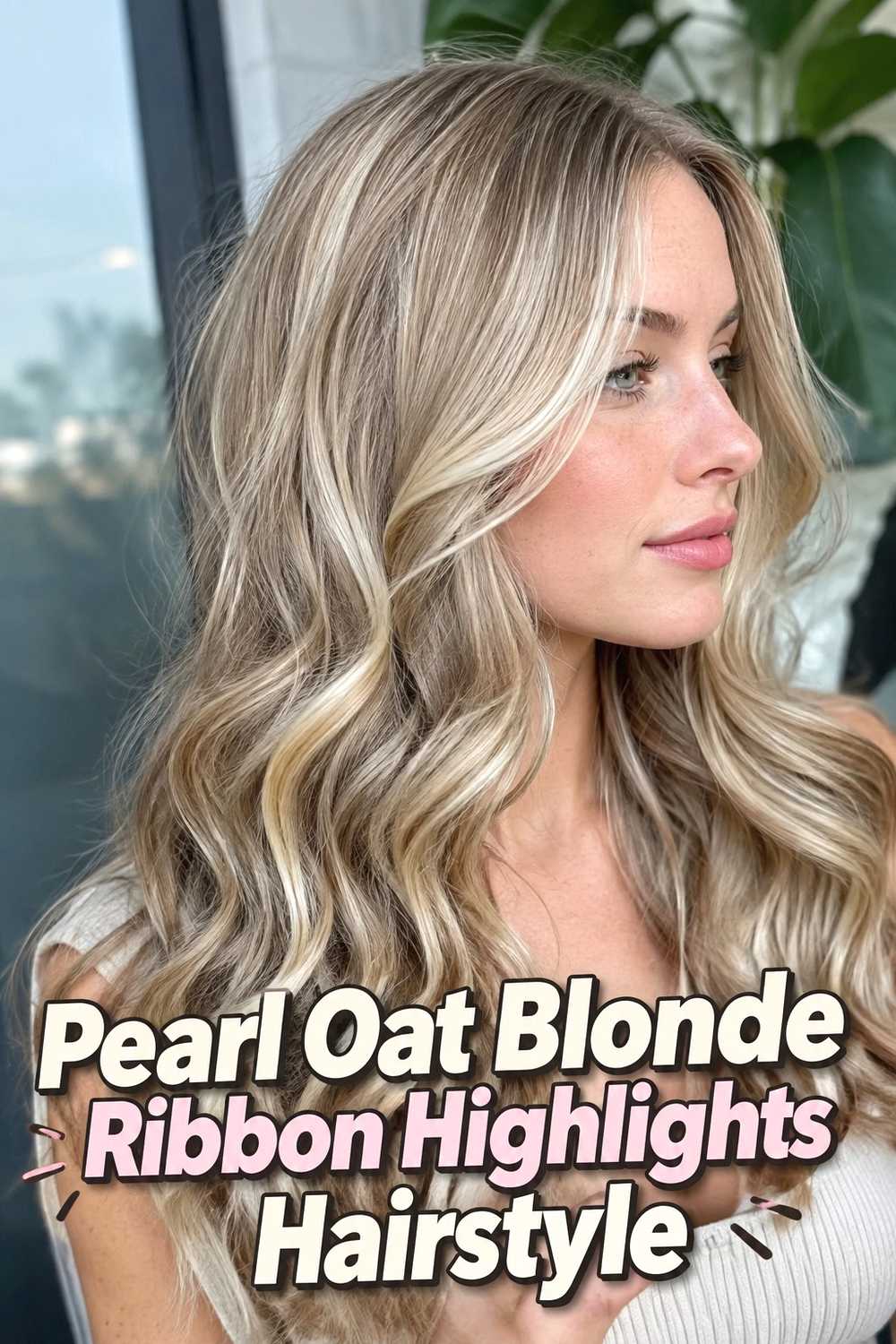 14. Pearl Oat Blonde Ribbon Highlights Hairstyle