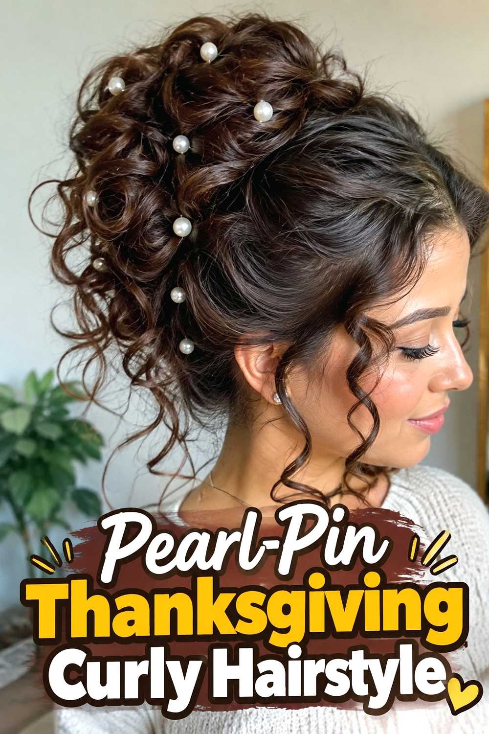 14. Pearl Pin Thanksgiving Curly Hairstyle