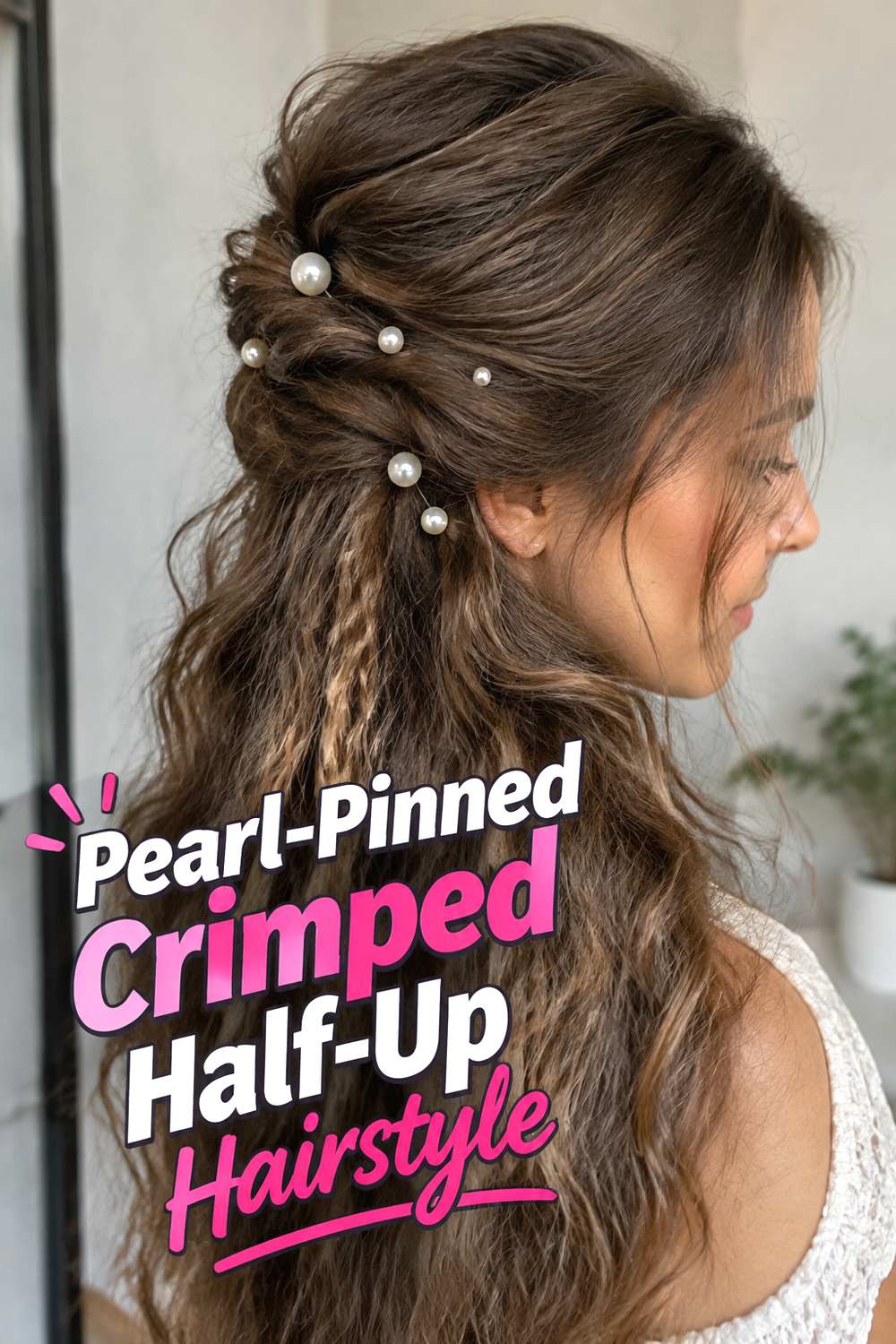 Pearl-Pinned Crimped Half-Up Hairstyle