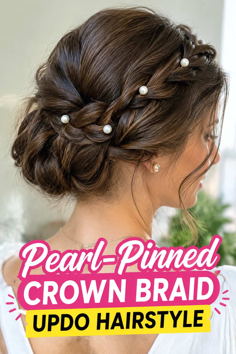 Pearl-Pinned Crown Braid Updo Hairstyle