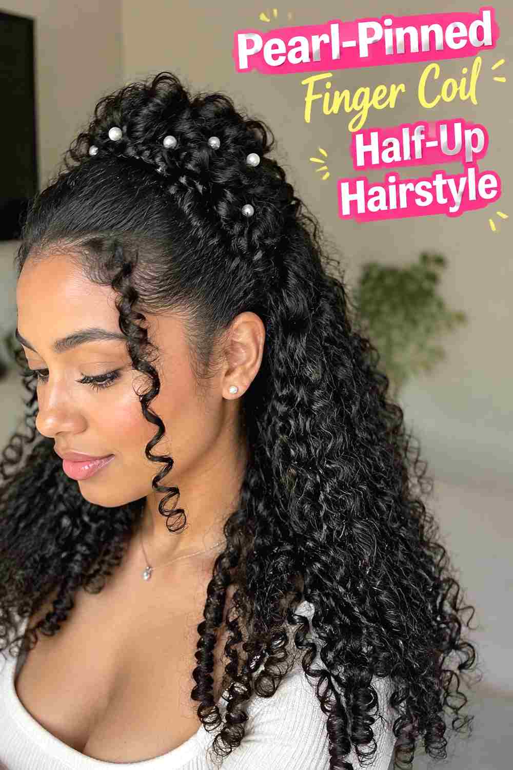 17. Pearl Pinned Finger Coil Half Up Hairstyle