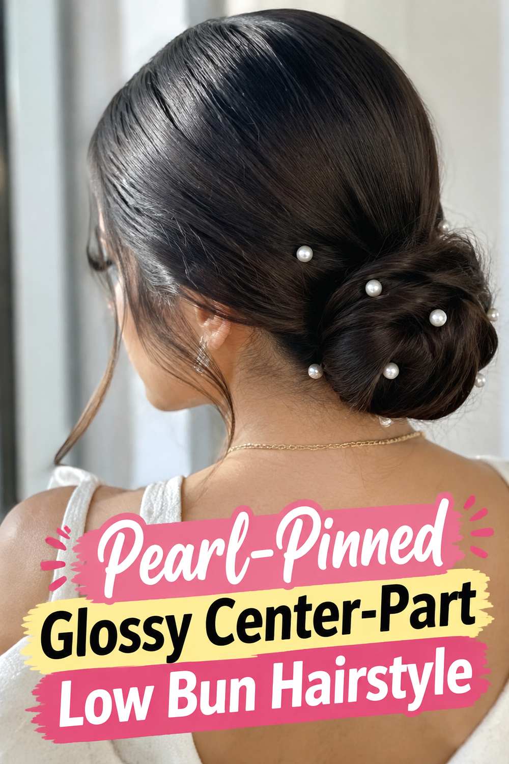 Pearl-Pinned Glossy Center-Part Low Bun Hairstyle