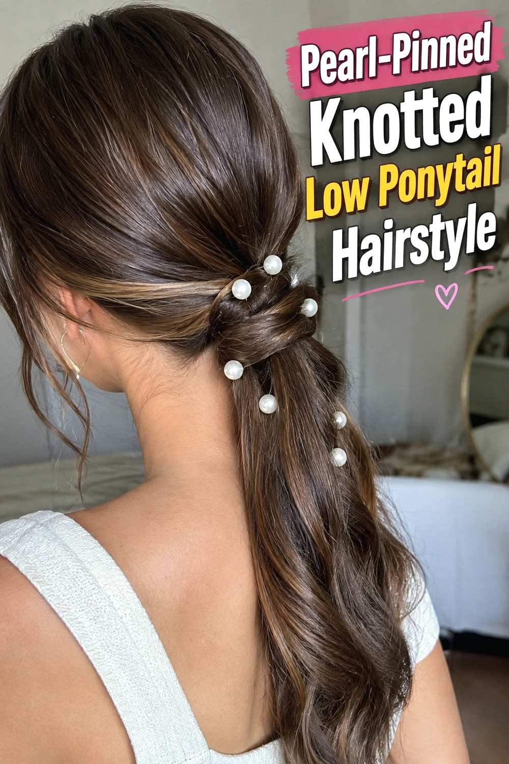 16. Pearl Pinned Knotted Low Ponytail Hairstyle