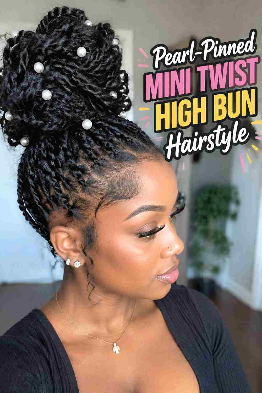7. Pearl Pinned Mini Twist High Bun Hairstyle