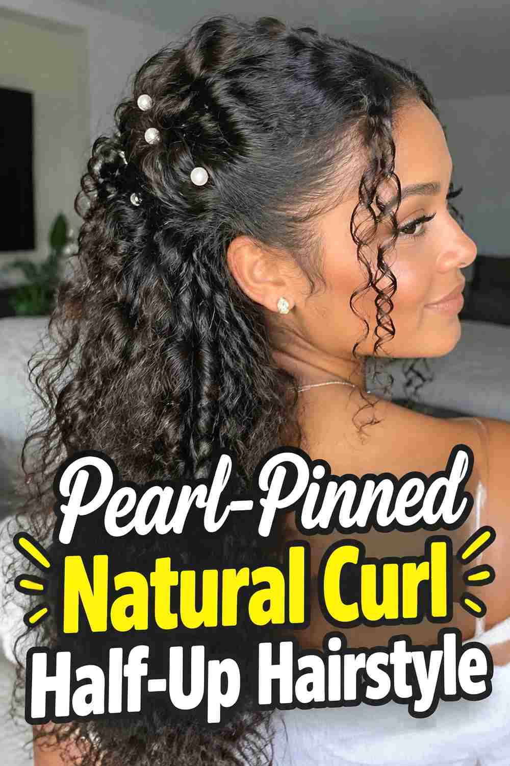 11. Pearl Pinned Natural Curl Half Up Hairstyle
