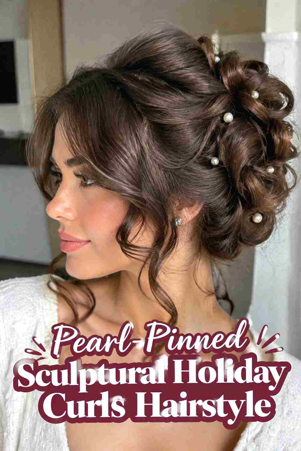 3. Pearl Pinned Sculptural Holiday Curls Hairstyle