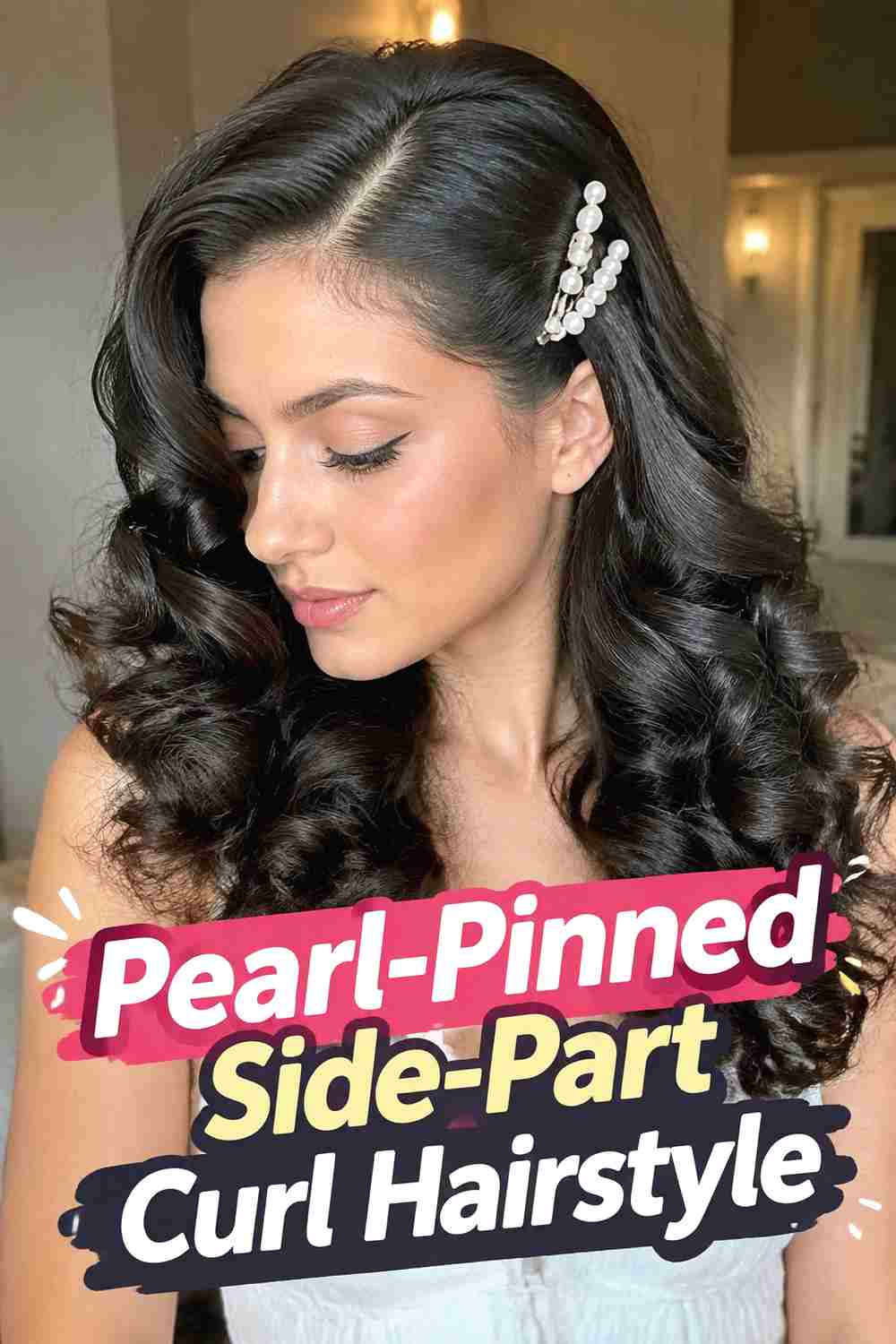 2. Pearl Pinned Side Part Curl Hairstyle