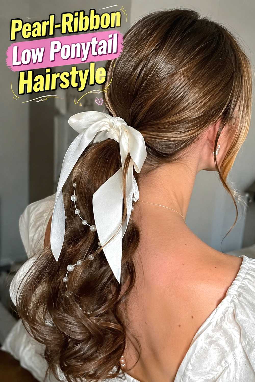 2. Pearl Ribbon Low Ponytail Hairstyle