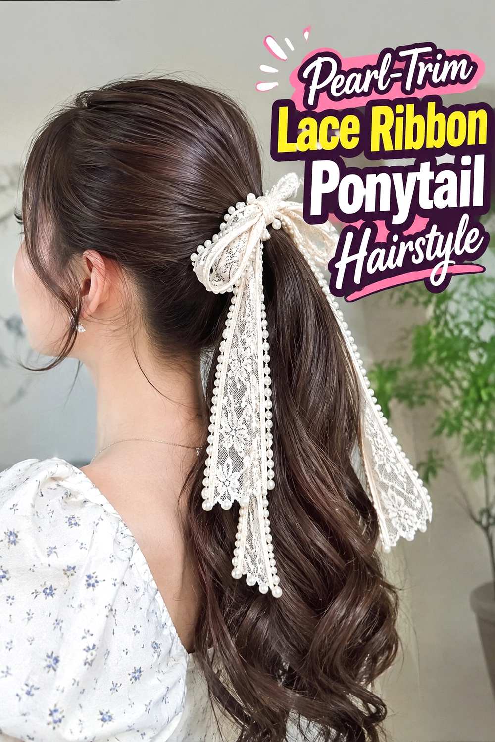 5. Pearl Trim Lace Ribbon Ponytail Hairstyle