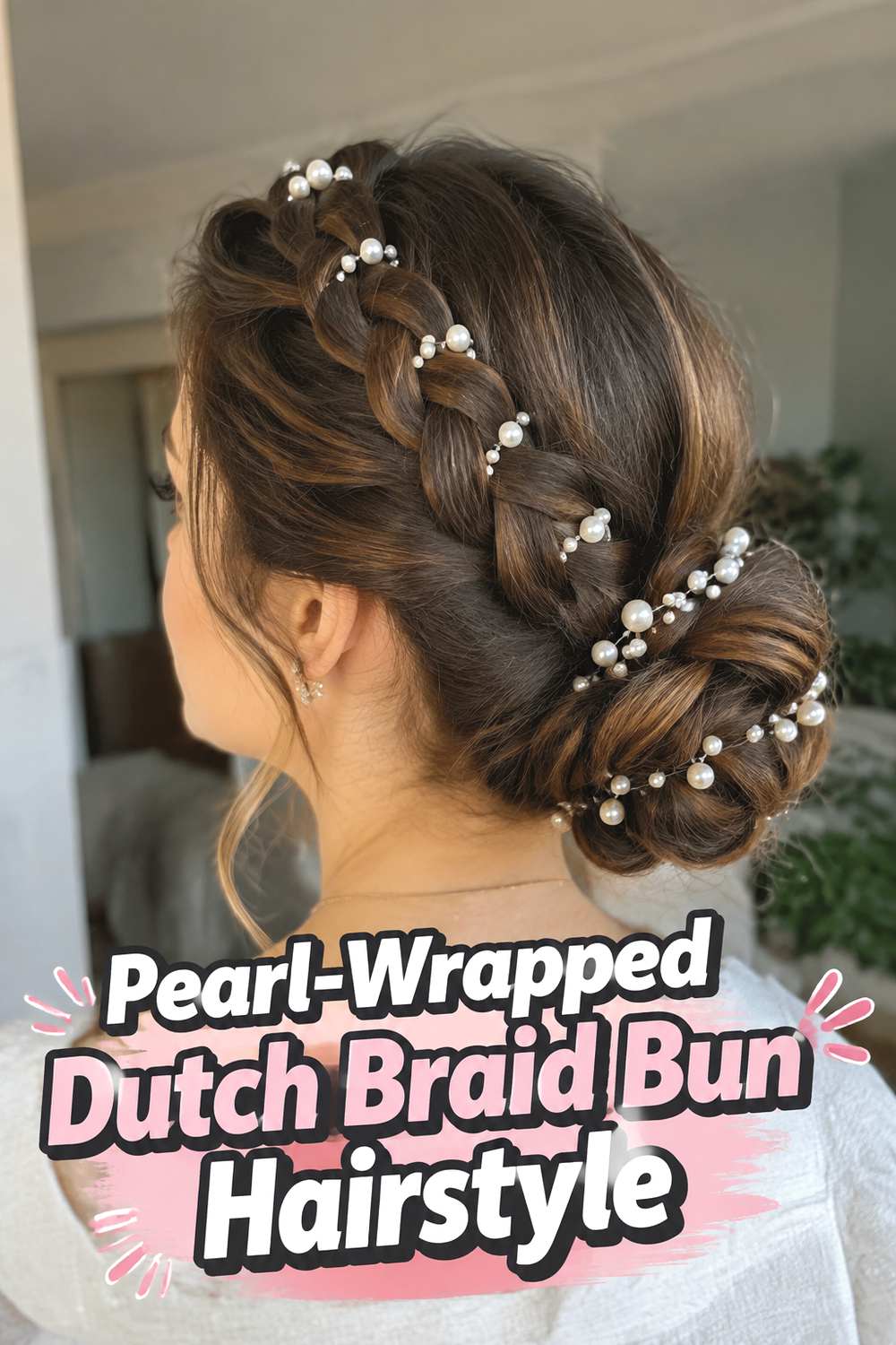Pearl-Wrapped Dutch Braid Bun Hairstyle