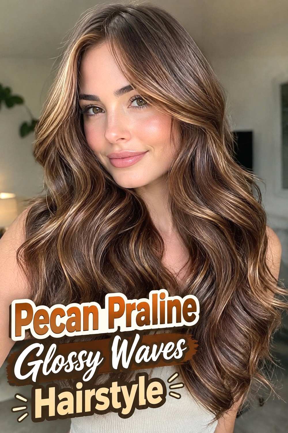 11. Pecan Praline Glossy Waves Hairstyle