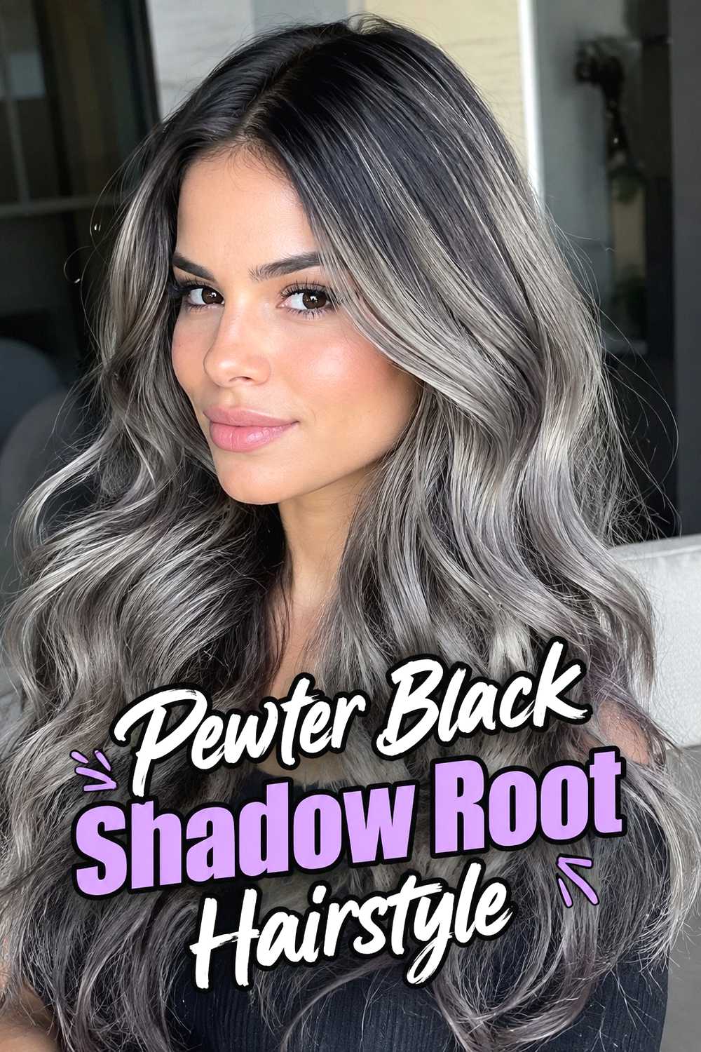 16. Pewter Black Shadow Root Hairstyle