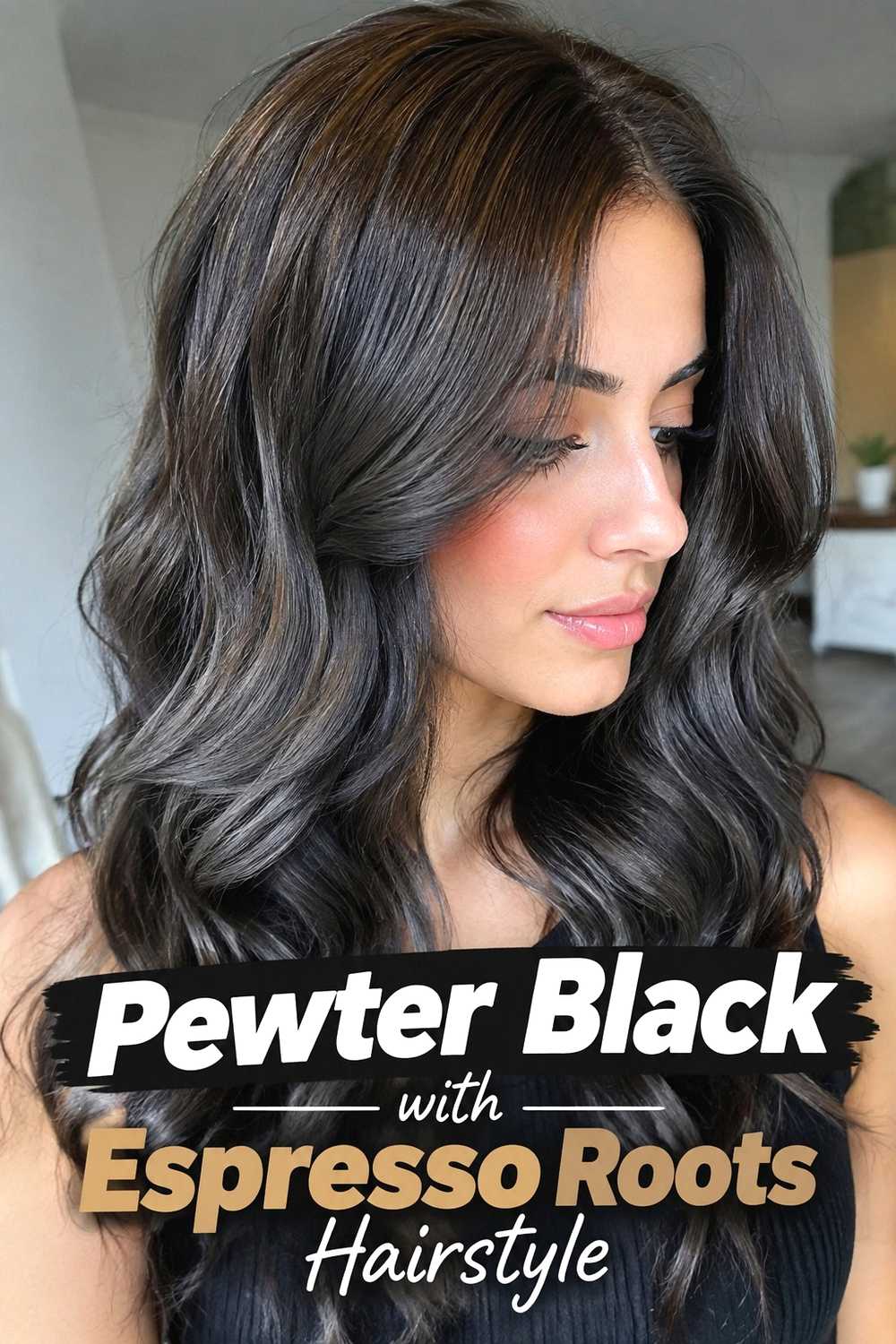 14. Pewter Black With Espresso Roots Hairstyle
