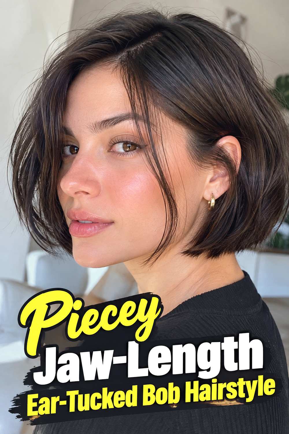 7. Piecey Jaw Length Ear Tucked Bob Hairstyle