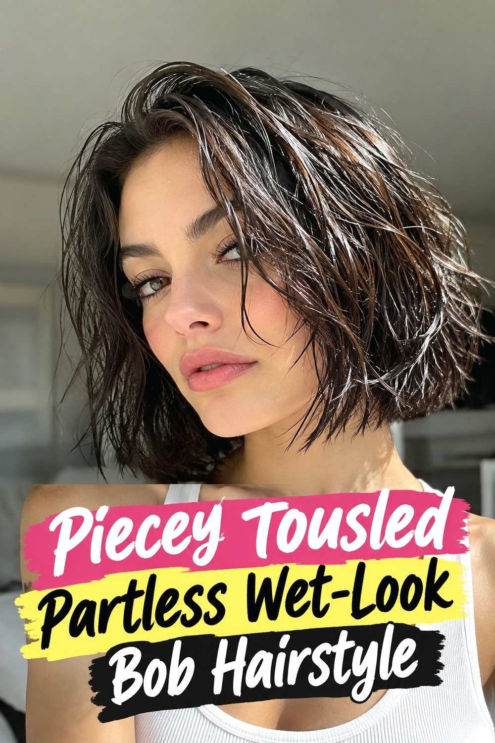 7. Piecey Tousled Partless Wet Look Bob Hairstyle