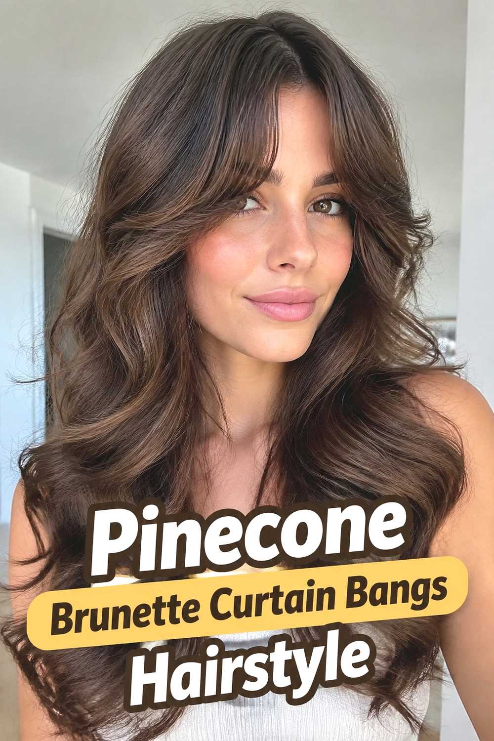 11. Pinecone Brunette Curtain Bangs Hairstyle