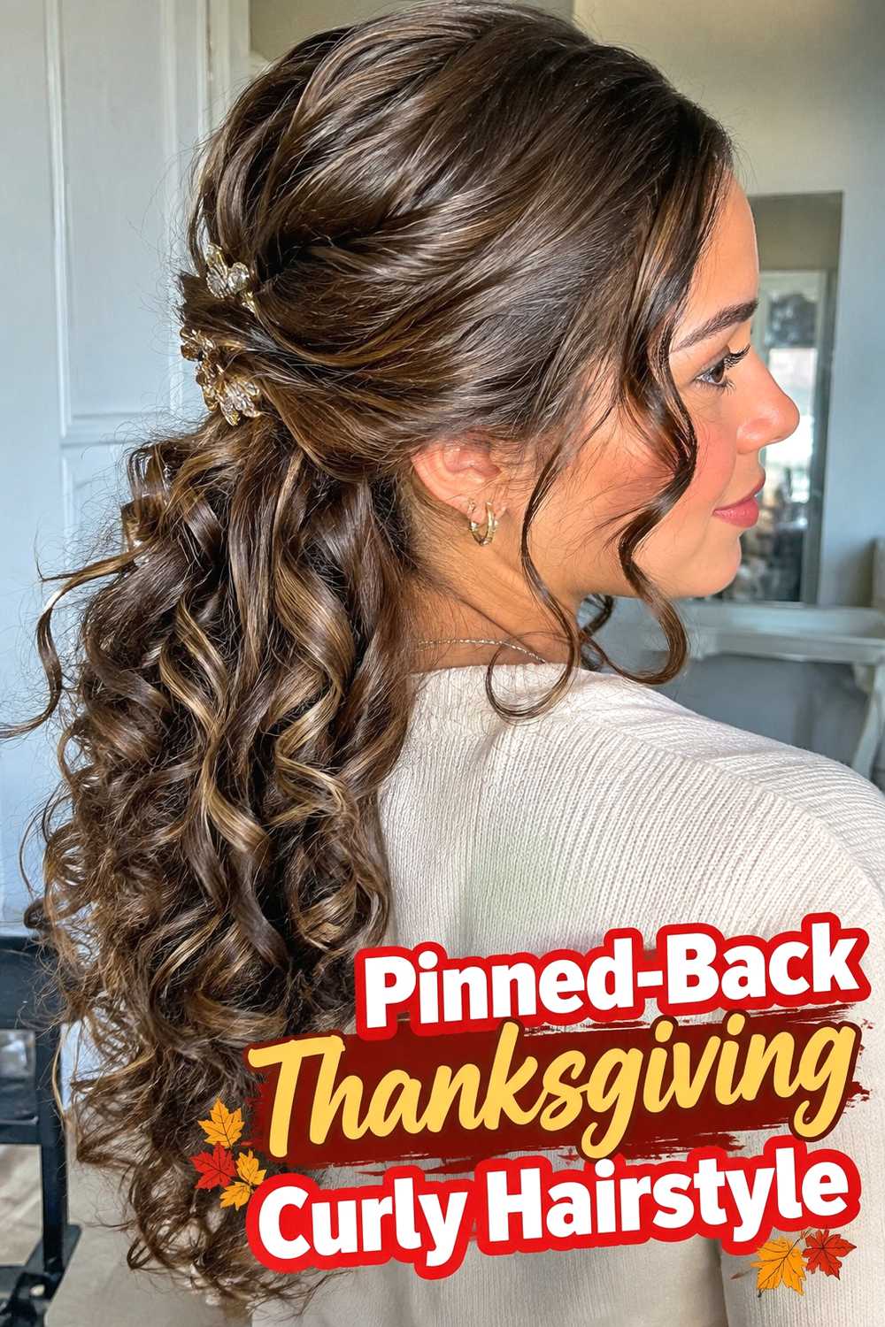 11. Pinned Back Thanksgiving Curly Hairstyle