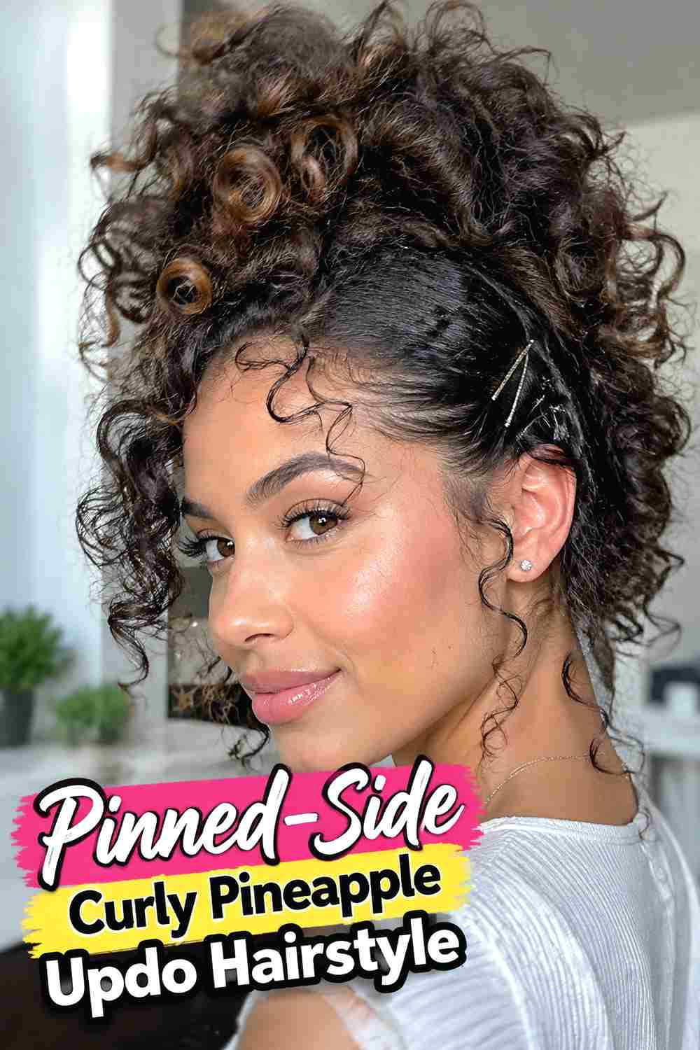 13. Pinned Side Curly Pineapple Updo Hairstyle