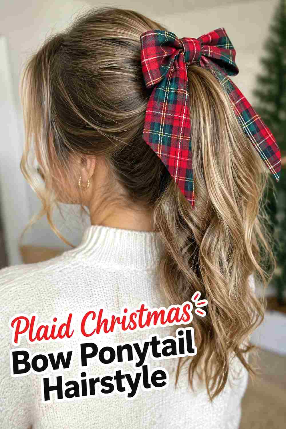6. Plaid Christmas Bow Ponytail Hairstyle