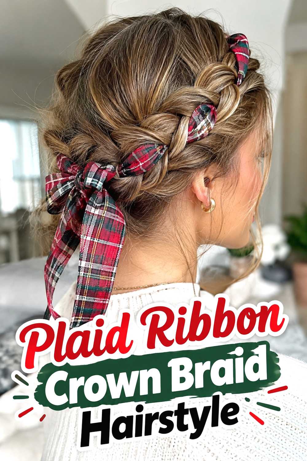 9. Plaid Ribbon Crown Braid Hairstyle
