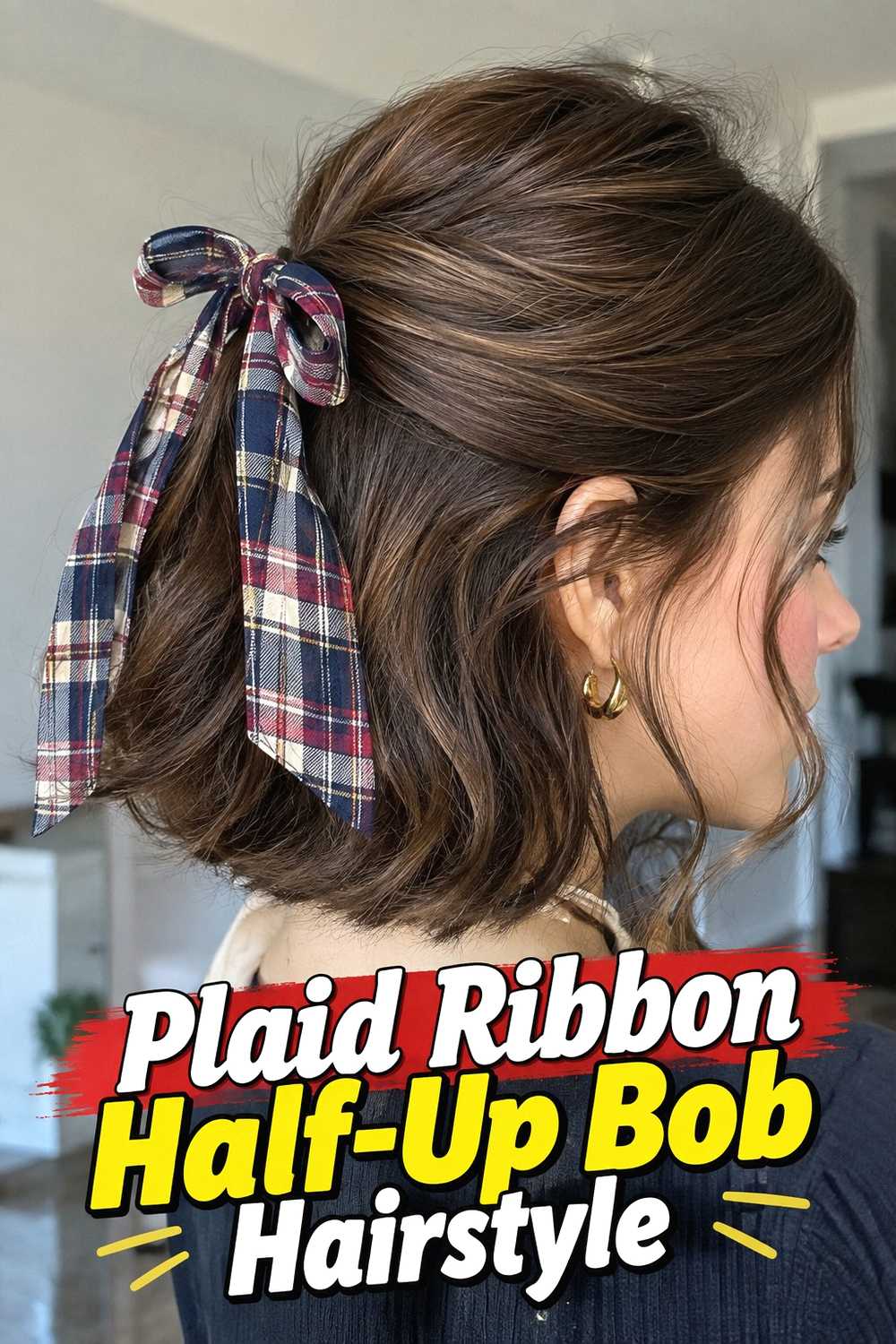 11. Plaid Ribbon Half Up Bob Hairstyle