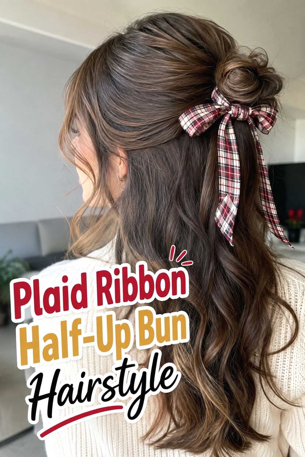 7. Plaid Ribbon Half Up Bun Hairstyle