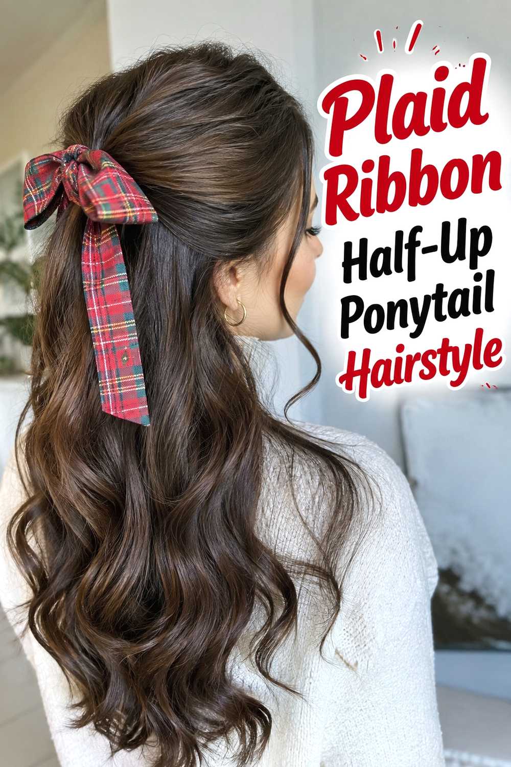6. Plaid Ribbon Half Up Ponytail Hairstyle
