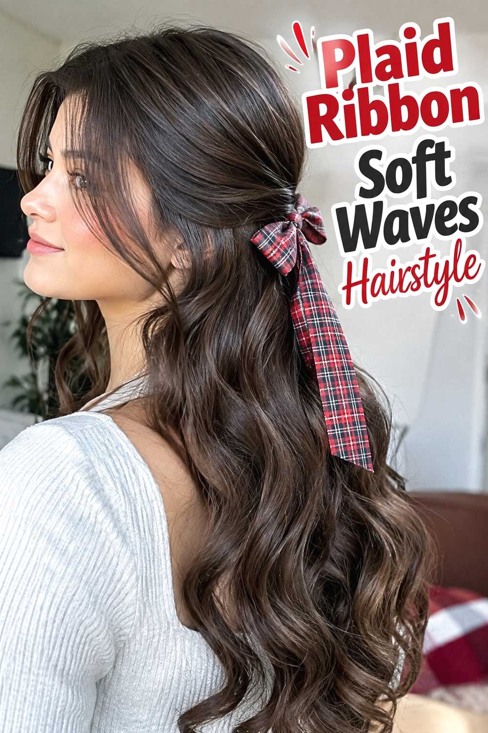 2. Plaid Ribbon Soft Waves Hairstyle