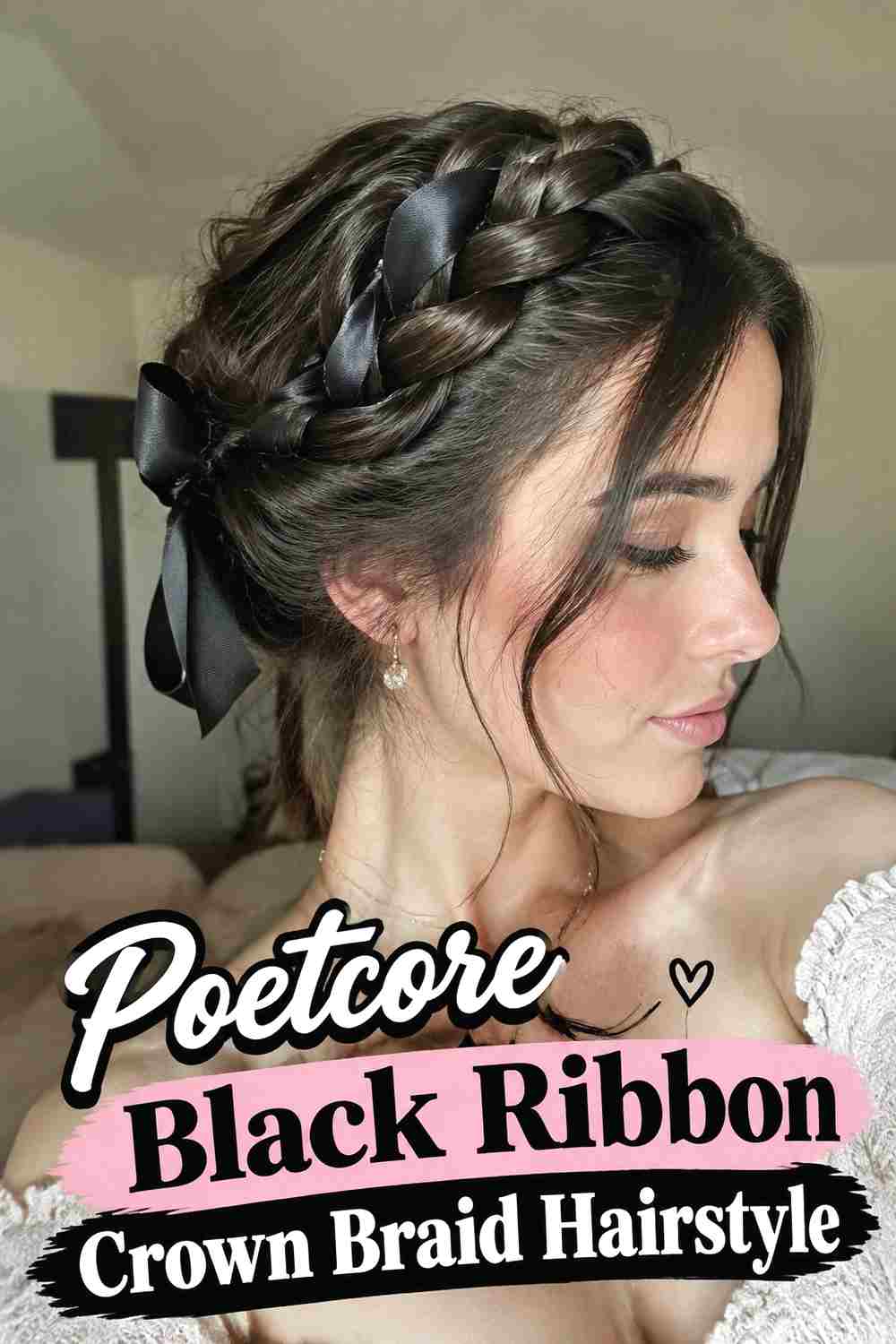 3. Poetcore Black Ribbon Crown Braid Hairstyle