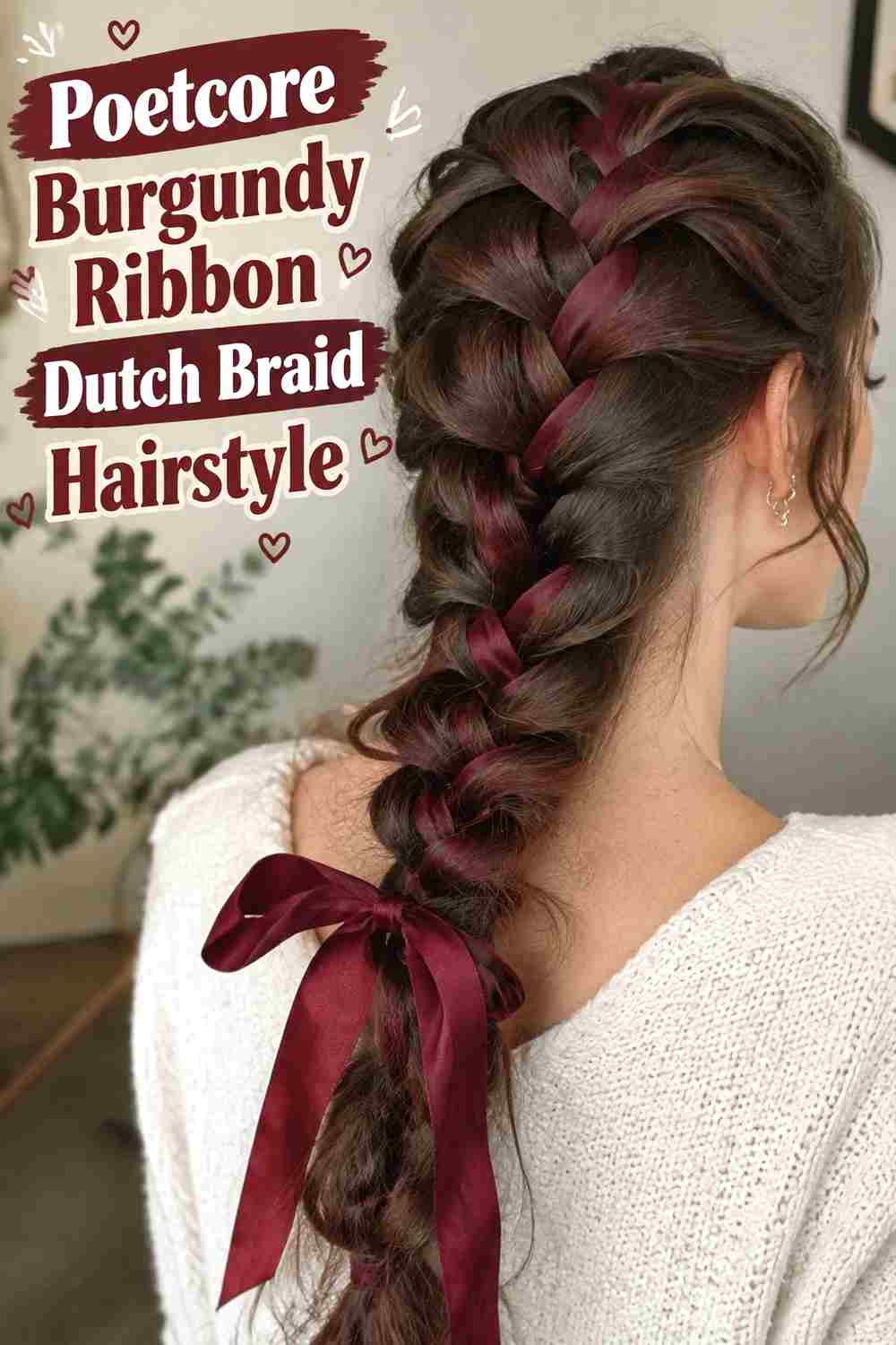 5. Poetcore Burgundy Ribbon Dutch Braid Hairstyle