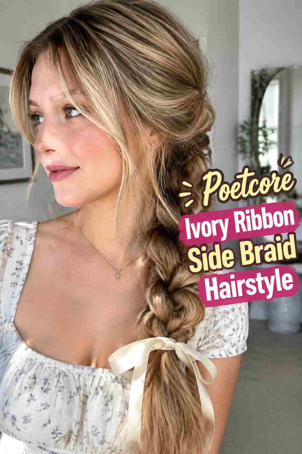 4. Poetcore Ivory Ribbon Side Braid Hairstyle