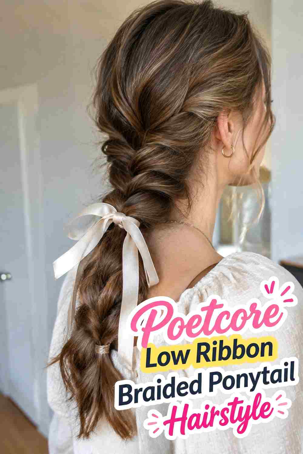 9. Poetcore Low Ribbon Braided Ponytail Hairstyle