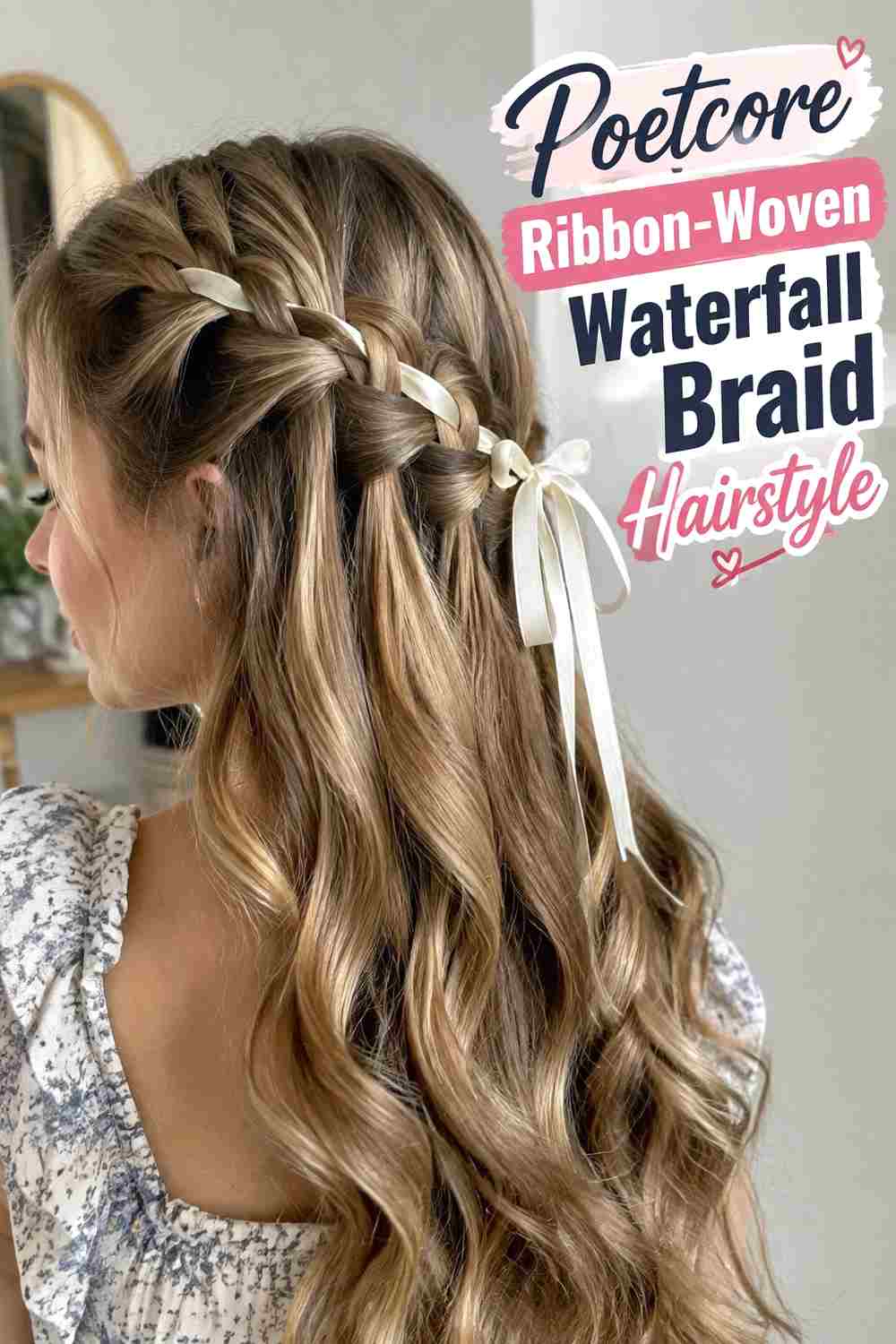 7. Poetcore Ribbon Woven Waterfall Braid Hairstyle