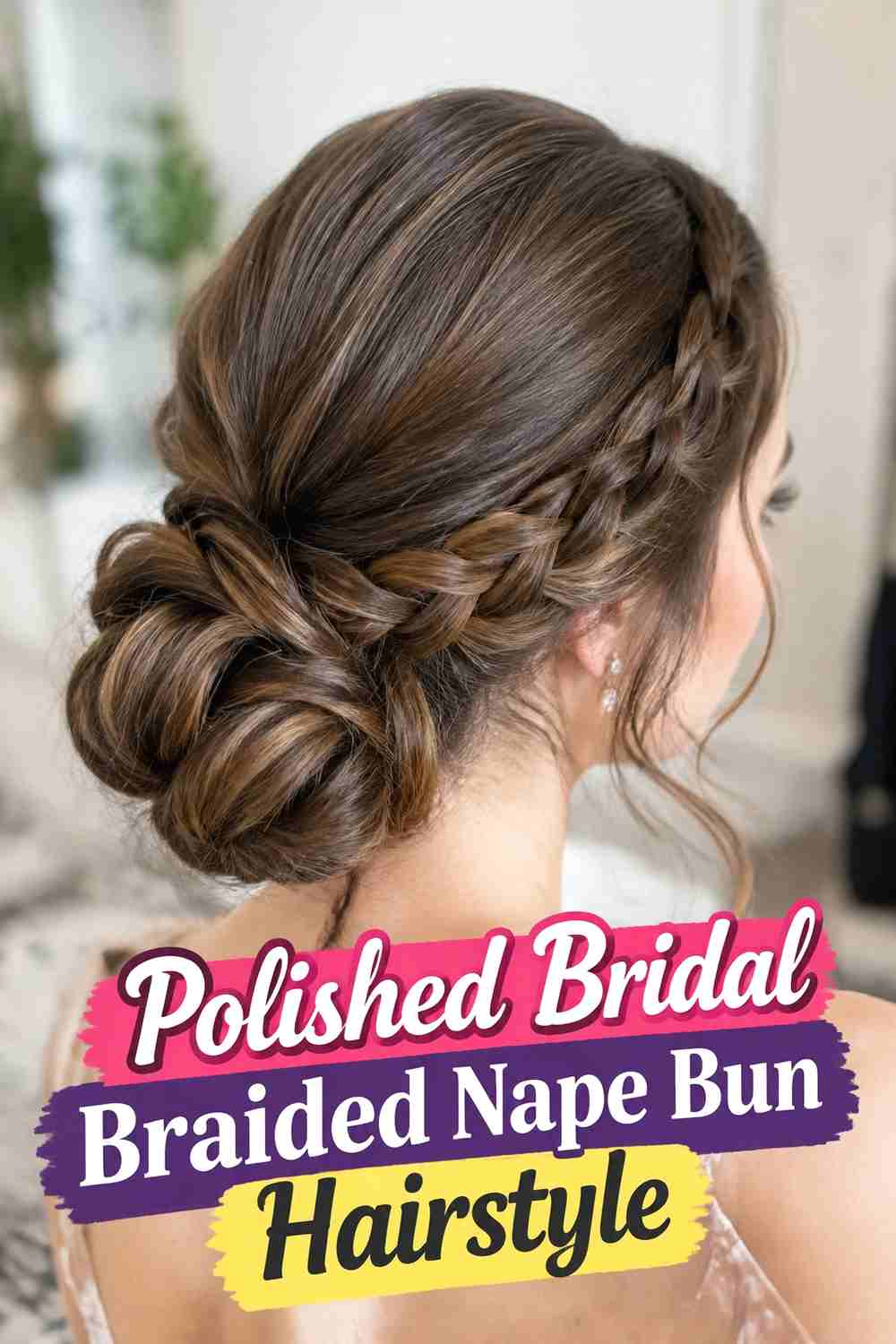 14. Polished Bridal Braided Nape Bun Hairstyle