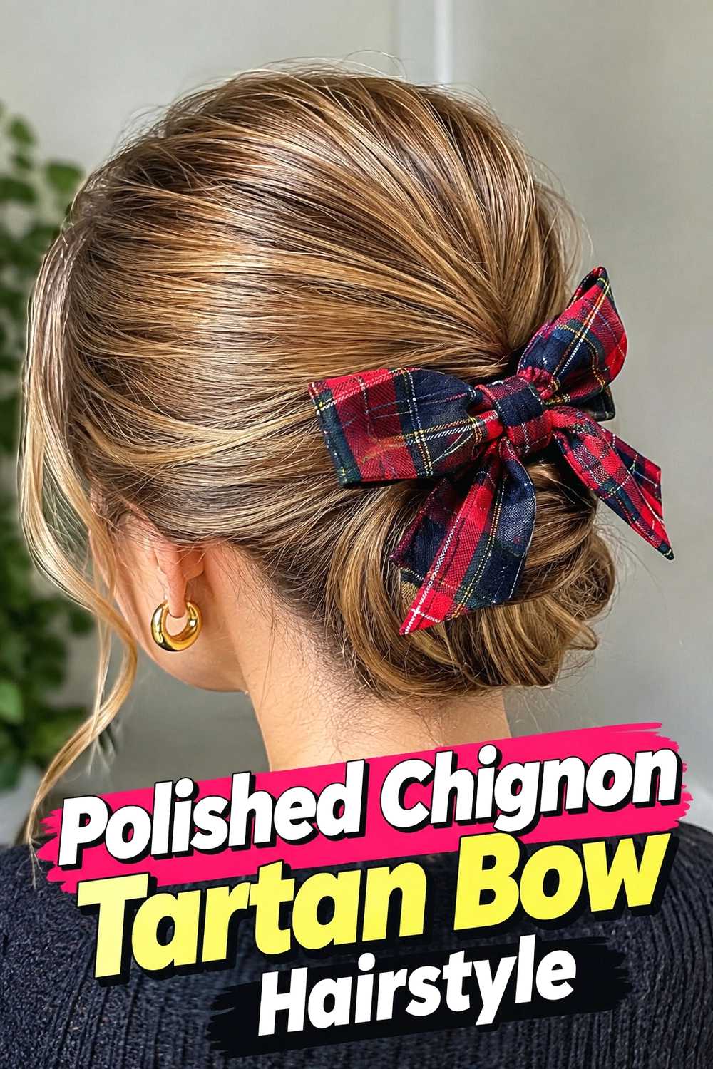 12. Polished Chignon Tartan Bow Hairstyle