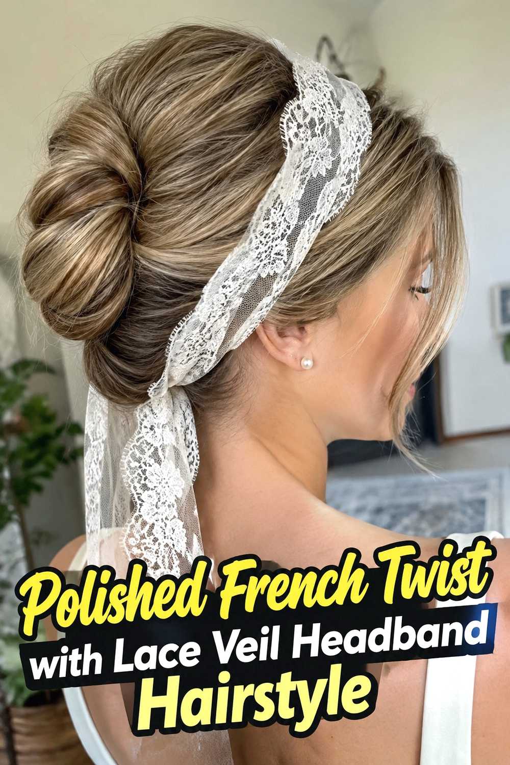 4. Polished French Twist With Lace Veil Headband Hairstyle