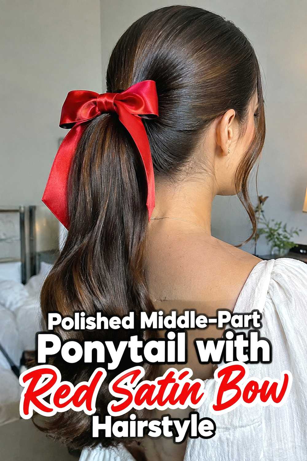 8. Polished Middle Part Ponytail With Red Satin Bow Hairstyle